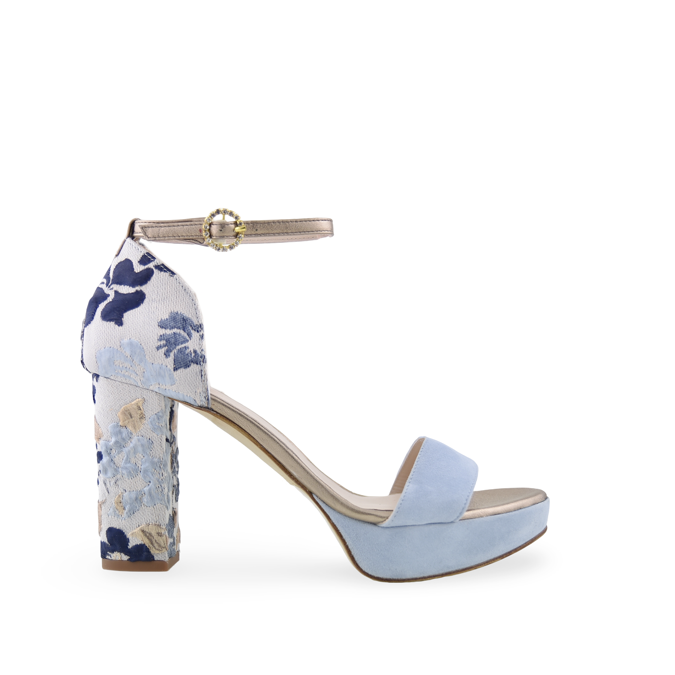 ZAPATO PERSONALIZADO PARA NOVIA CON ANTE AZUL Y DETALLES DORADOS