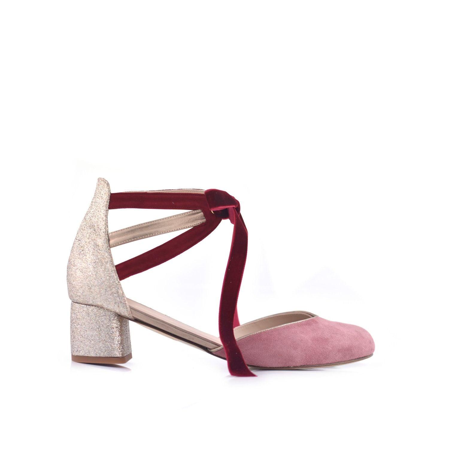 Ayla Burdeos Antique Pink Glitter Mini — Zapatos de novia Lomas Shoes