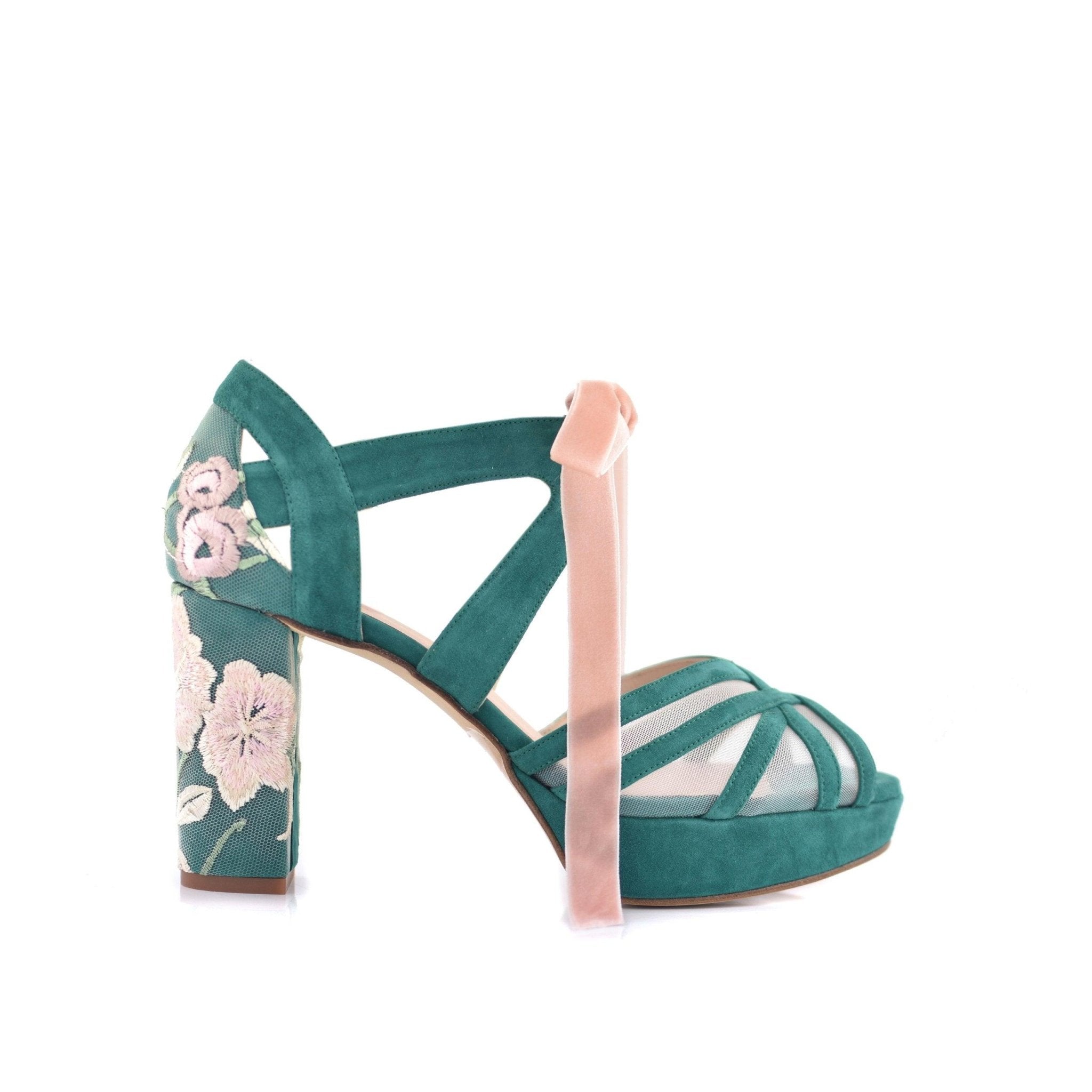 Ciara Verde Nora Bordado Atenas Alto — Zapatos de novia Lomas Shoes