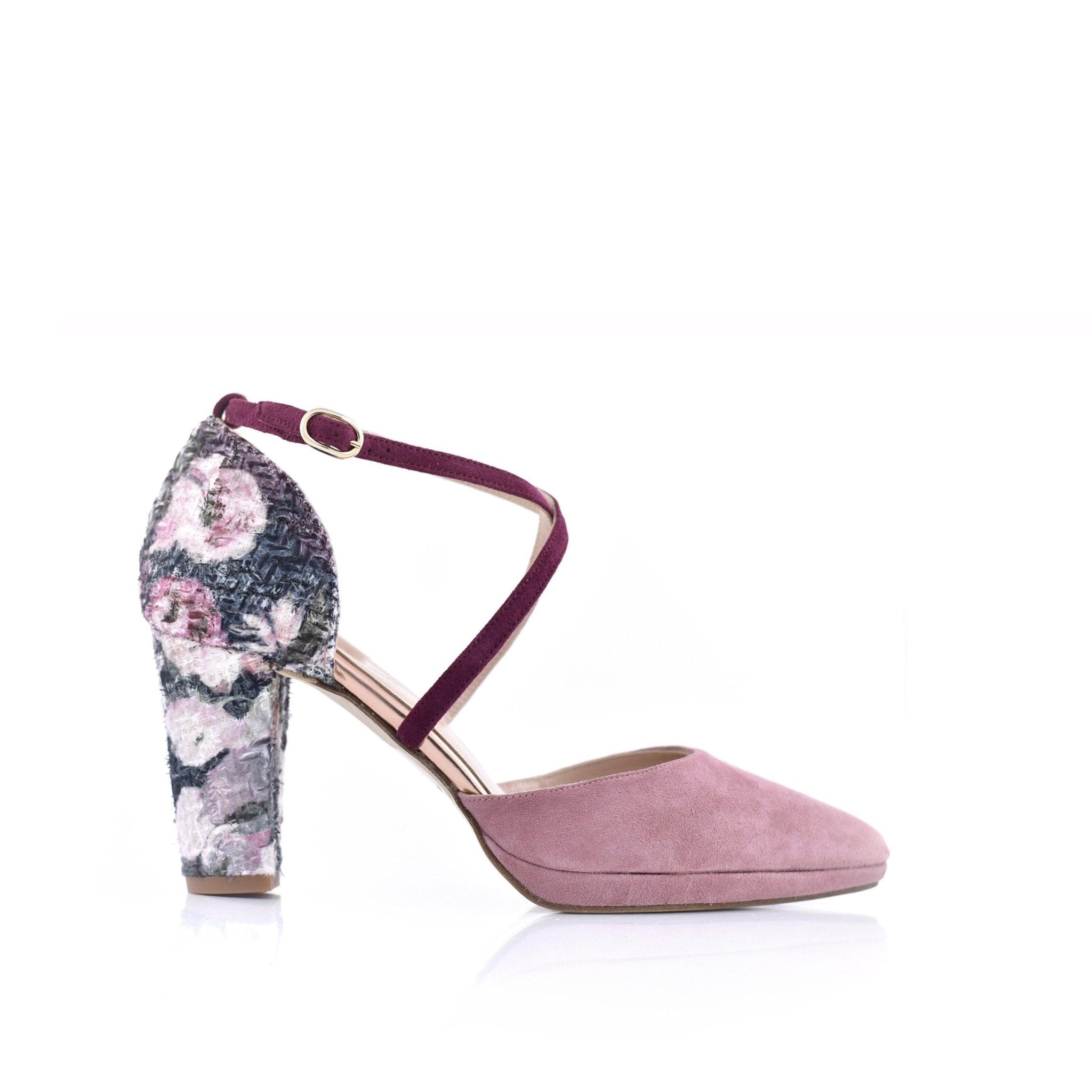 Lola Burdeos Tweed Floral Midi — Zapatos de novia Lomas Shoes