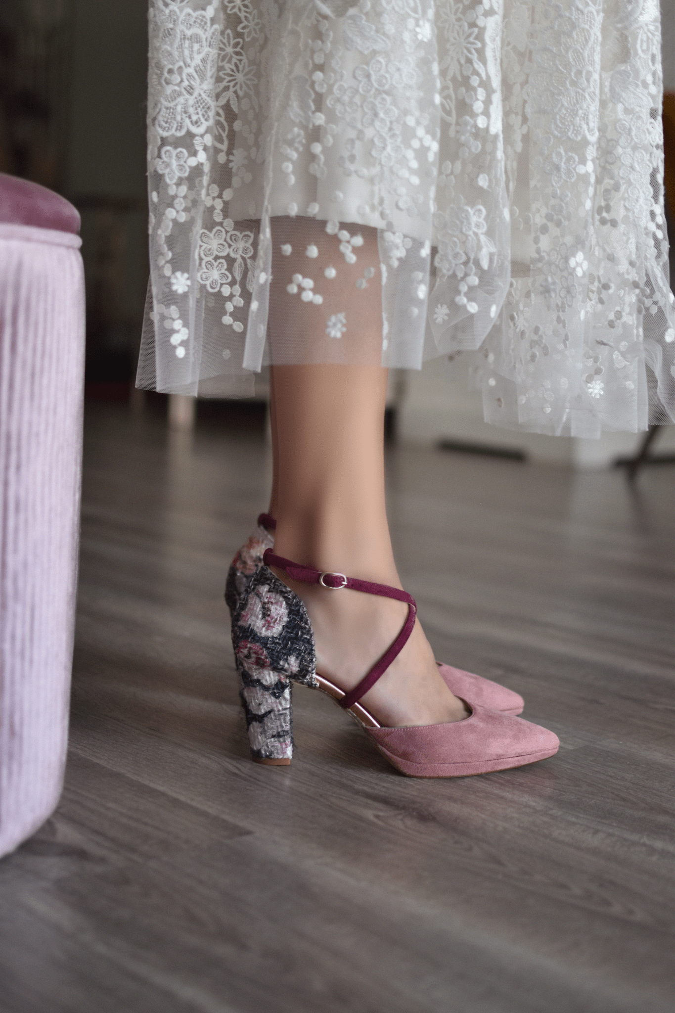 LOLA rosa antique tweed floral midi - zapatos_novia