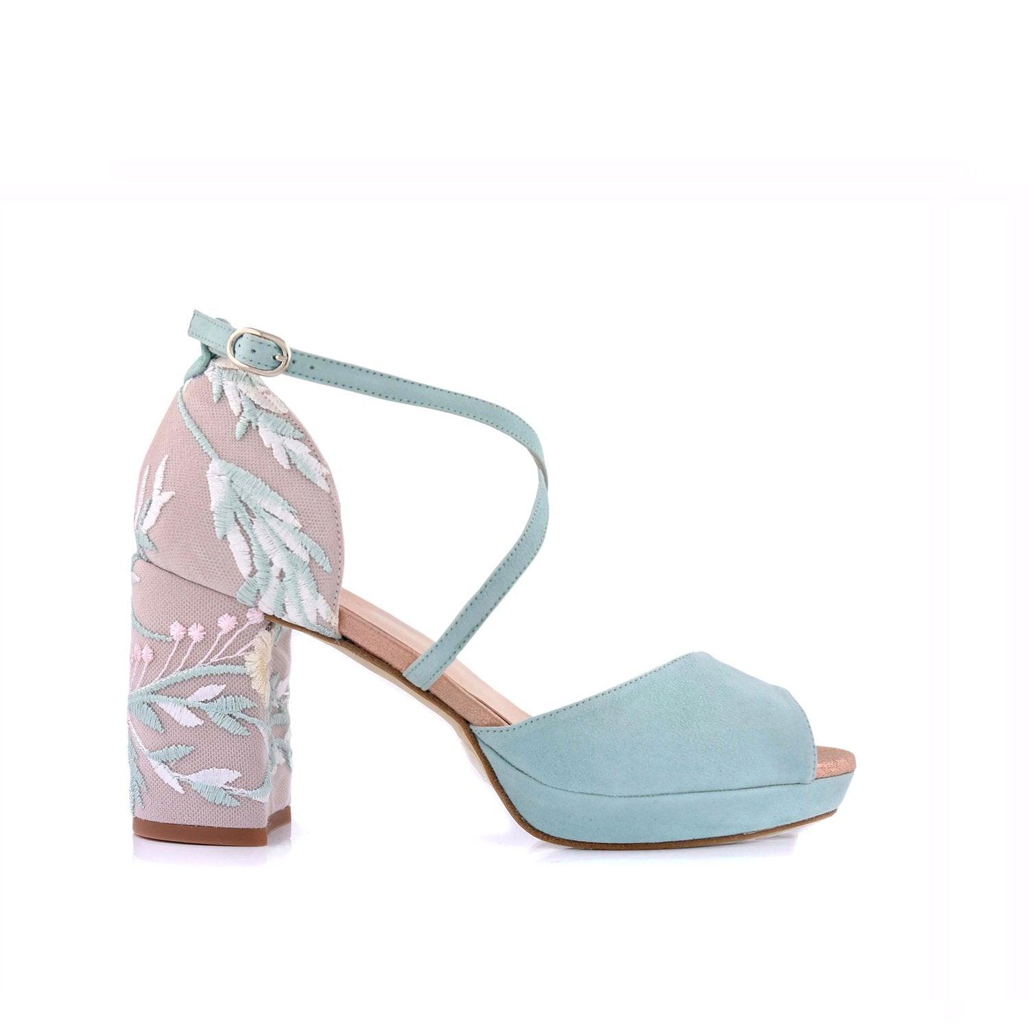 Rosalía Mint Bordado Anais Midi — Zapatos de novia Lomas Shoes