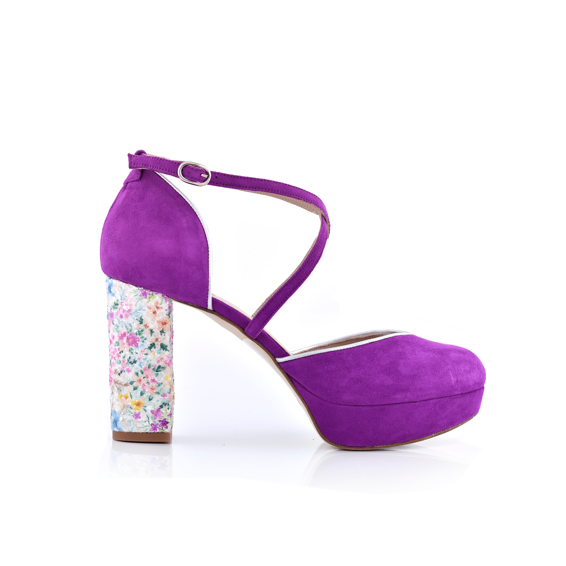 Rosalía Buganvilla Glitter Floral Alto — Zapatos de novia Lomas Shoes