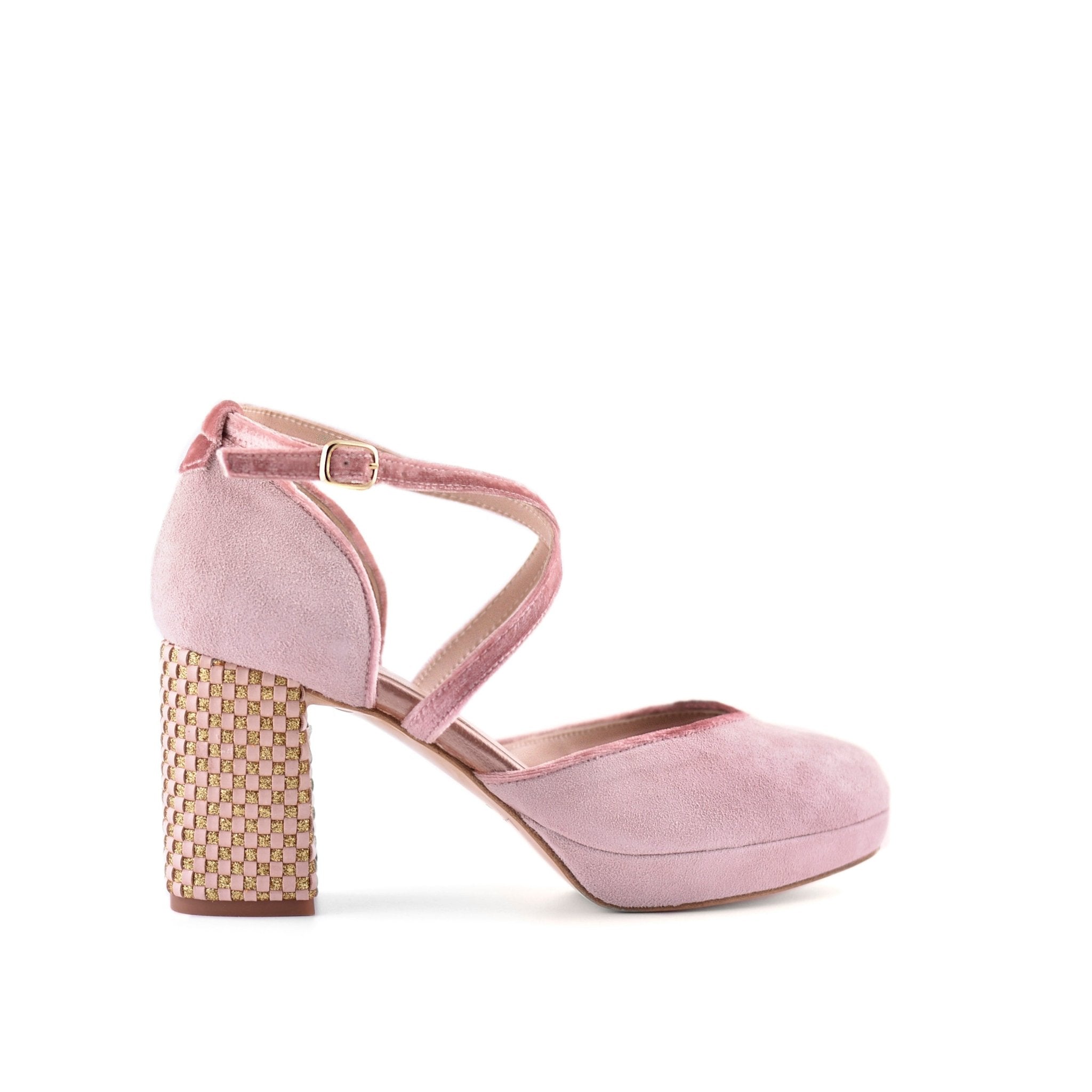 Rosalía Rosa Pink Tacón Ajedrez Midi — Zapatos de novia Lomas Shoes