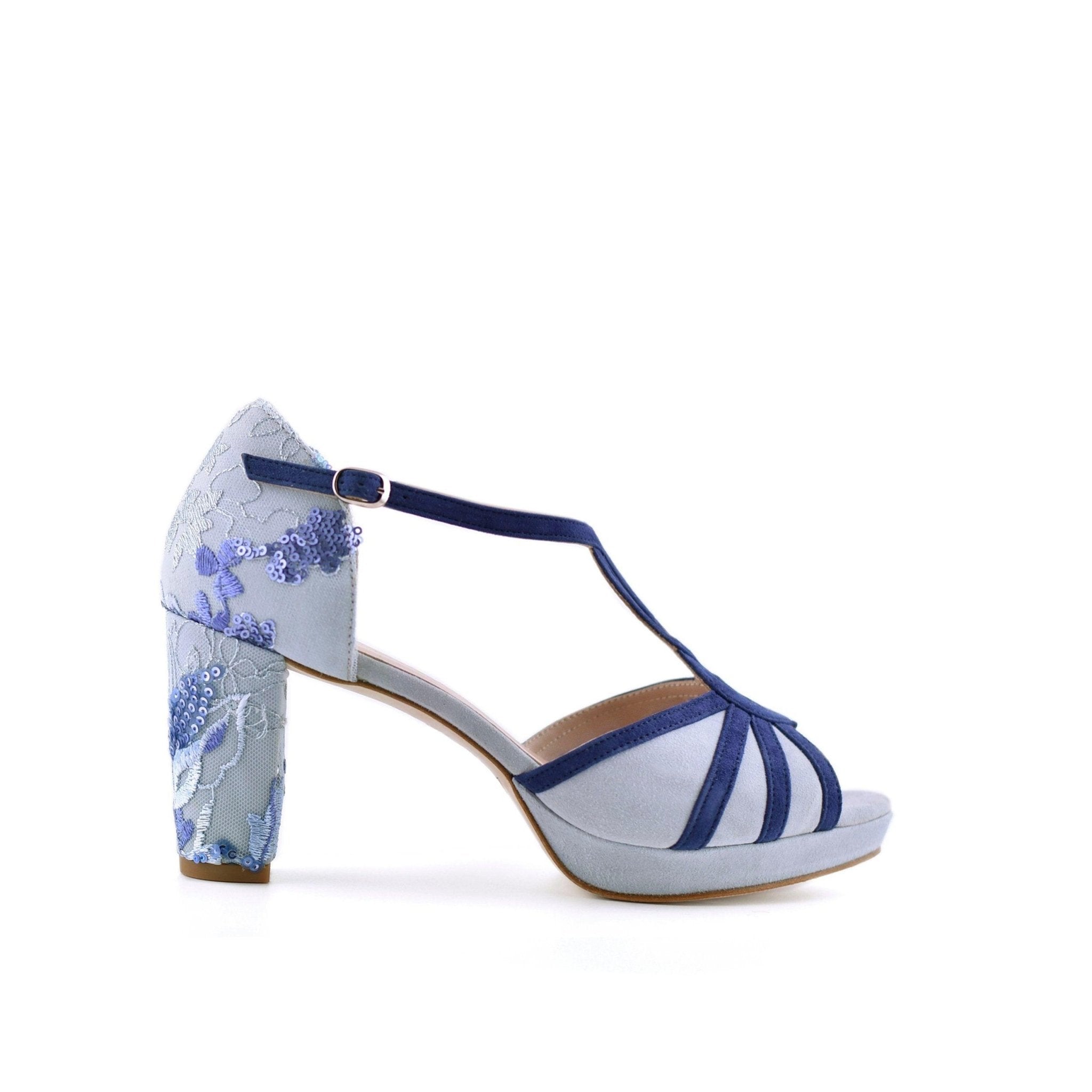 Dinamarca Celeste Blue Daphne Bordado Alto — Zapatos de novia Lomas Shoes