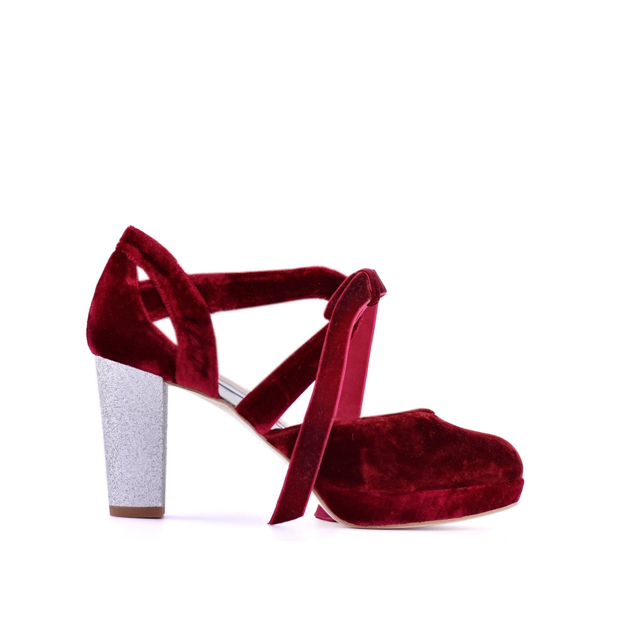 Hera Burdeos Velvet Glitter Plata Midi — Zapatos de novia Lomas Shoes