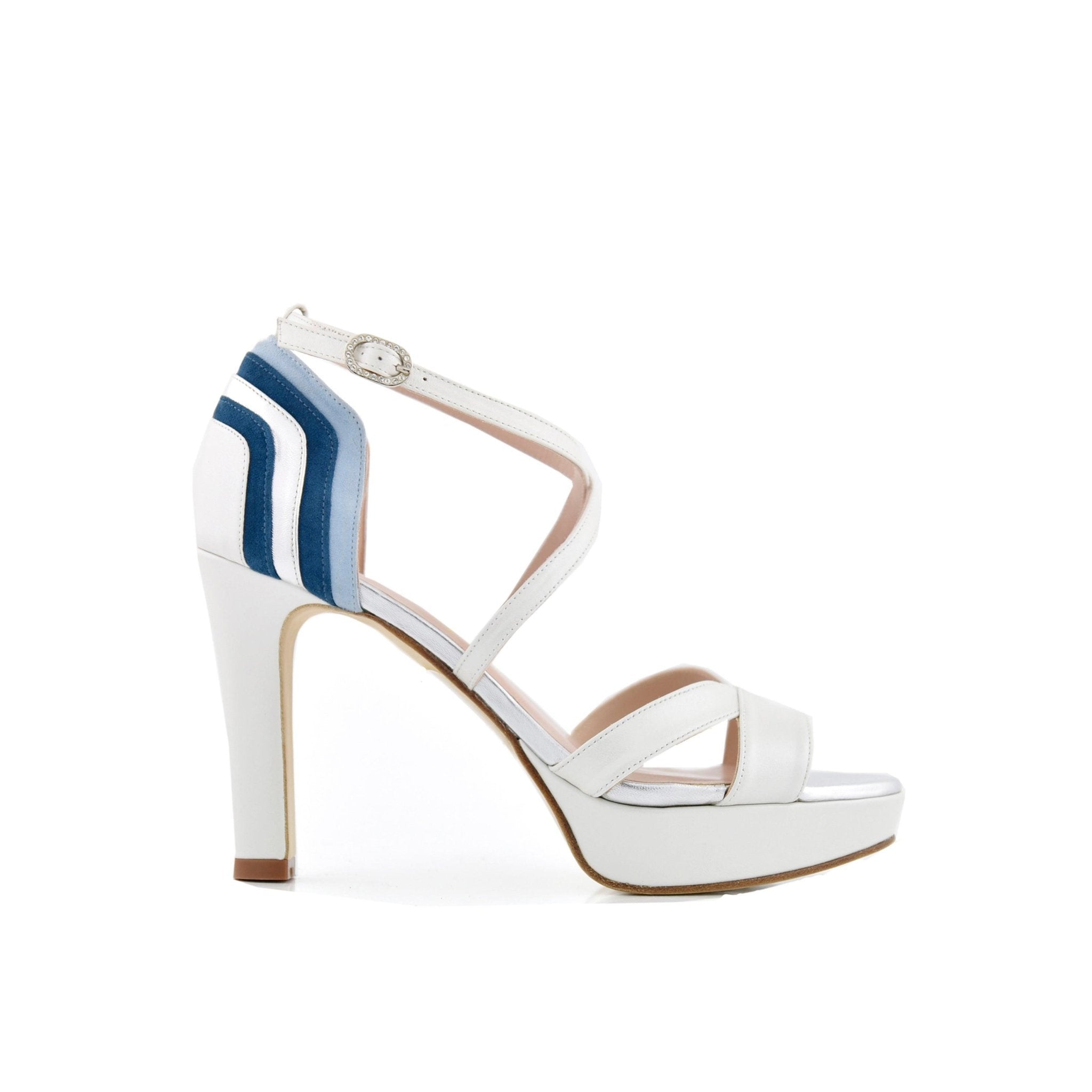 Marsella Celeste Blanco, Y Plata Alto — Zapatos de novia Lomas Shoes