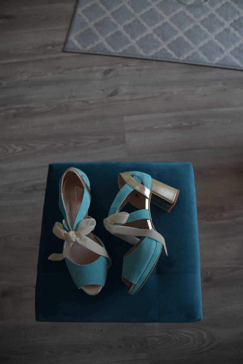 Hera open turquoise and gold heel 7cm