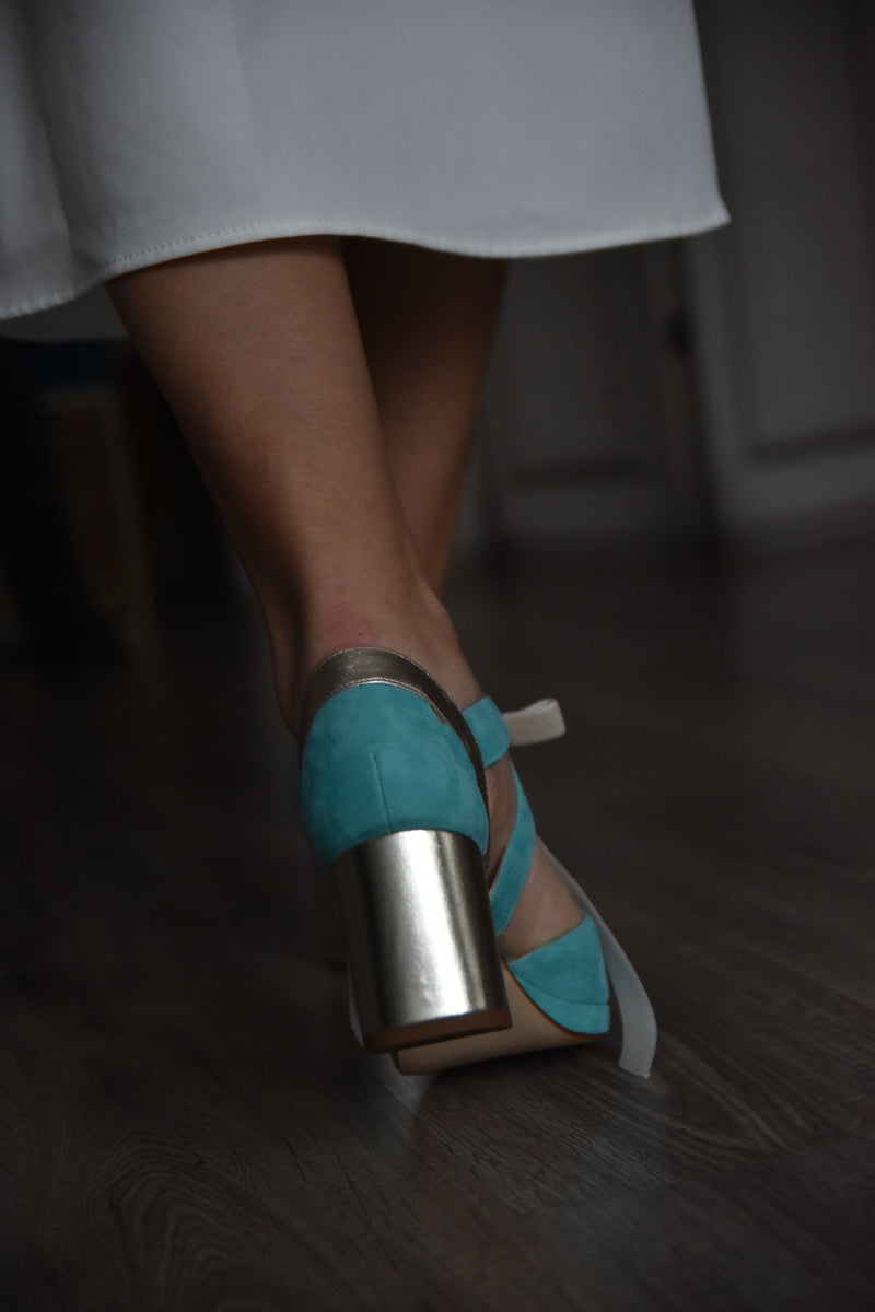 Hera open turquoise and gold heel 7cm