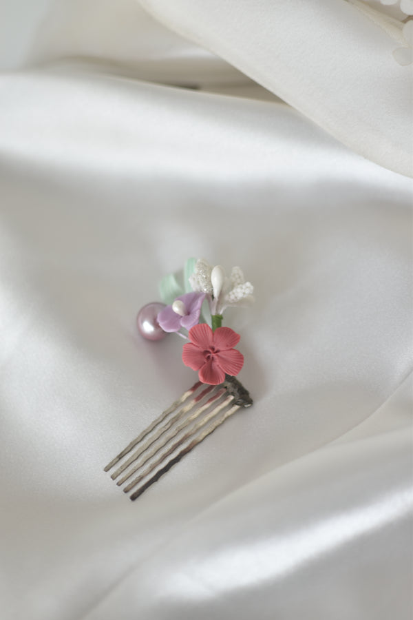 Tocado mini horquilla Jardín lavanda y rojo