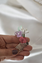 Tocado mini horquilla Jardín lavanda y rojo