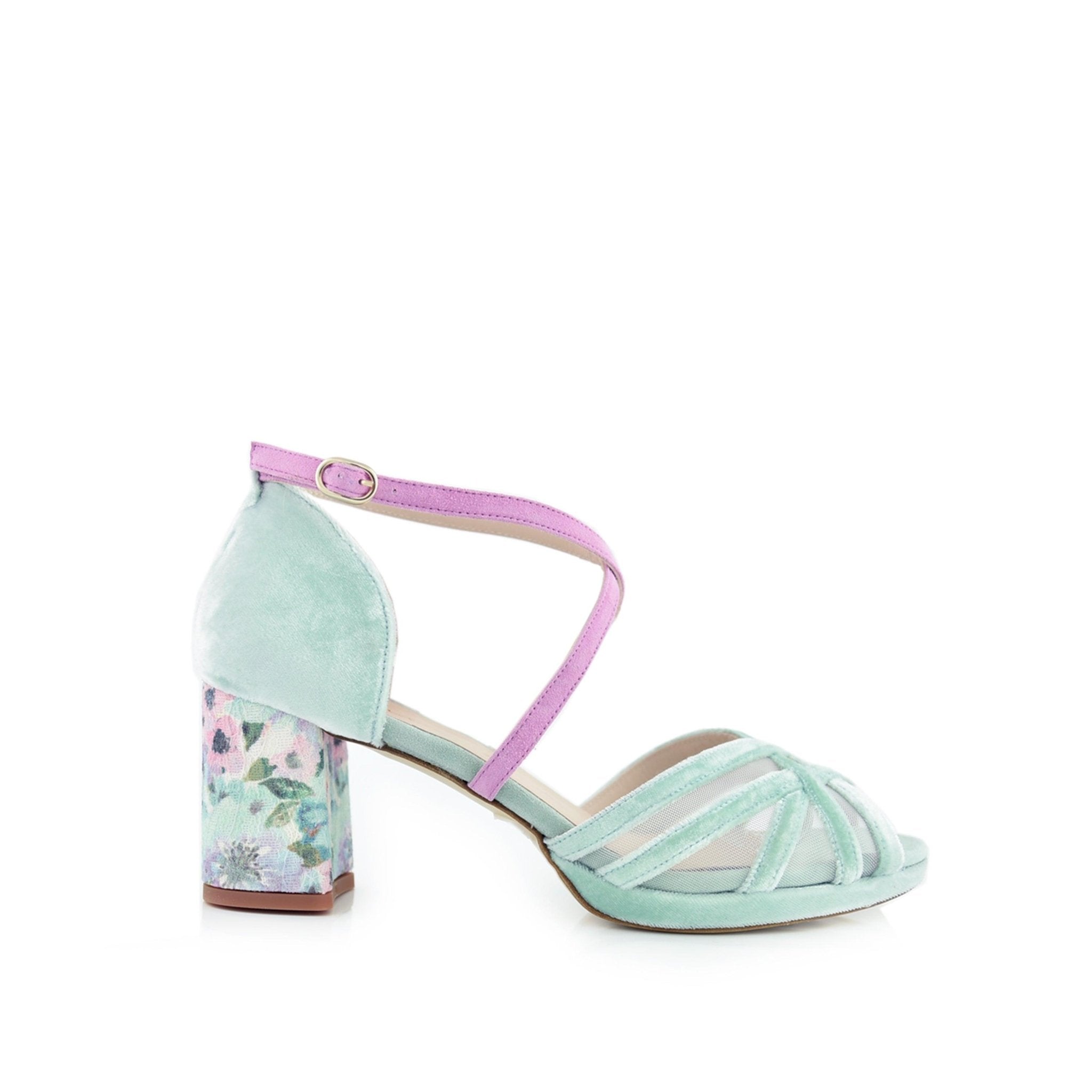 Antonella Celeste Blossom Mint-Rosa Velvet Petit — Zapatos de novia Lomas Shoes