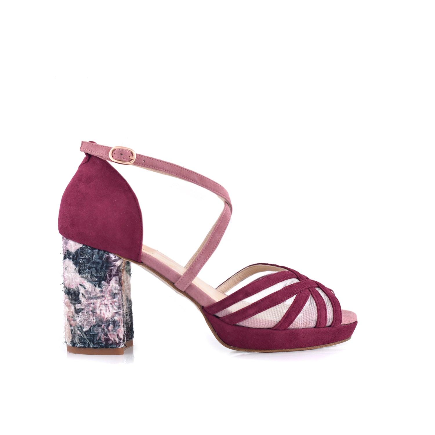 Antonella Burdeos Tweed Floral Midi — Zapatos de novia Lomas Shoes
