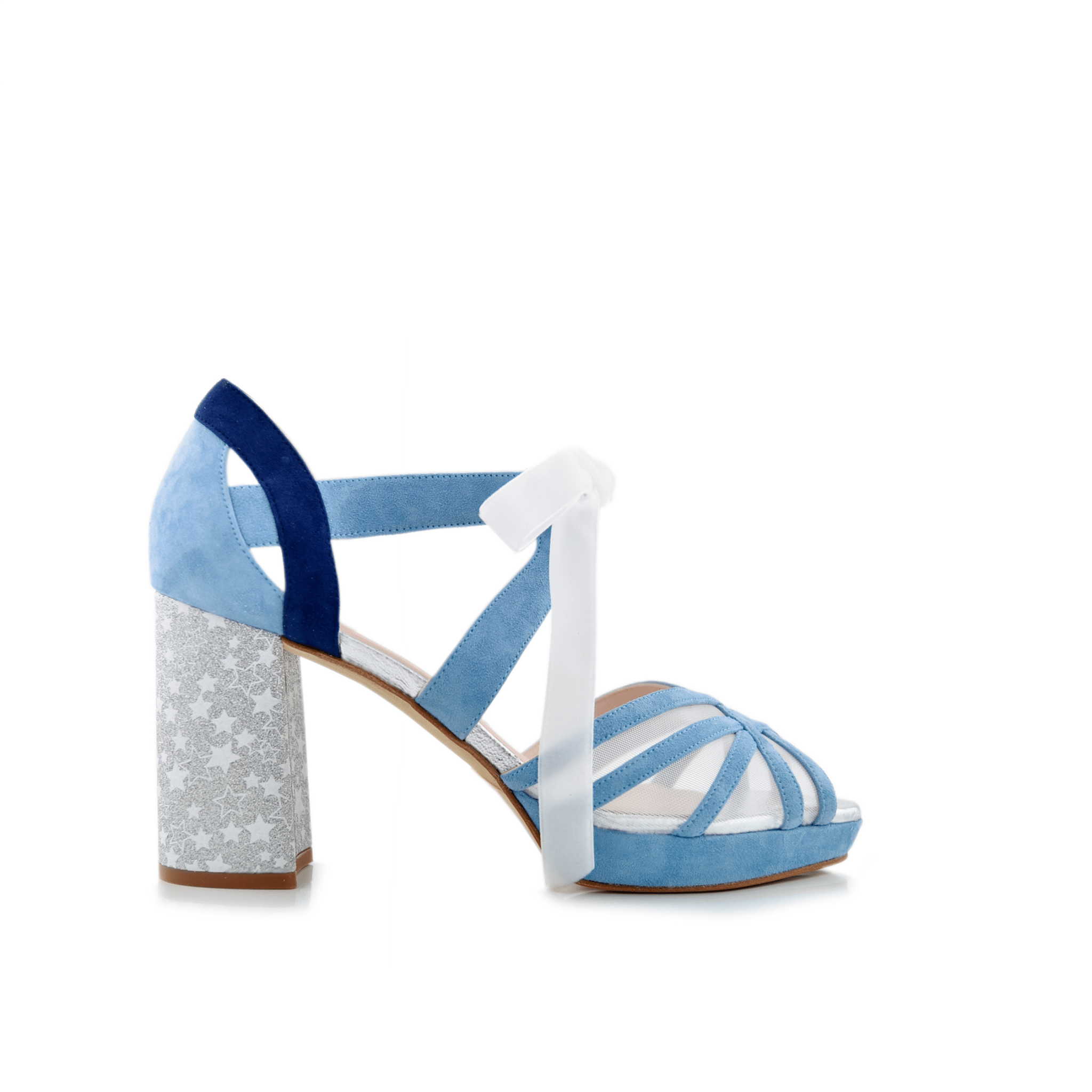 Ciara Celeste Azul Jean Plata Midi — Zapatos de novia Lomas Shoes