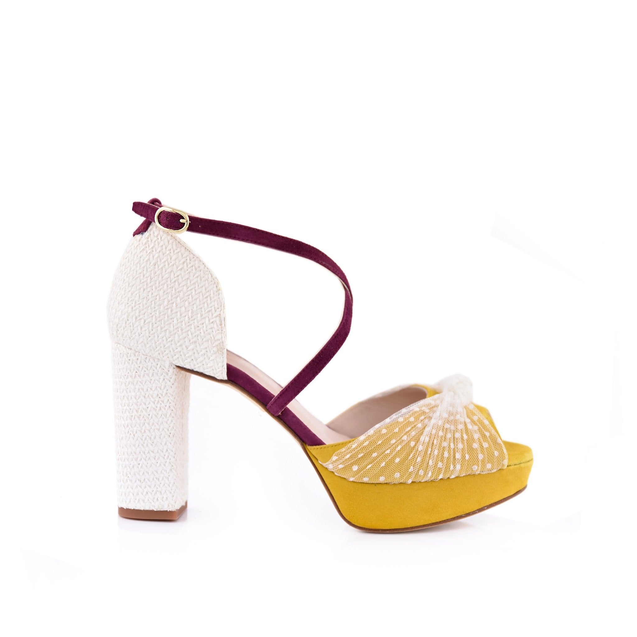 Vika Amarillo Mostaza Burdeos Plumeti Alto — Zapatos de novia Lomas Shoes