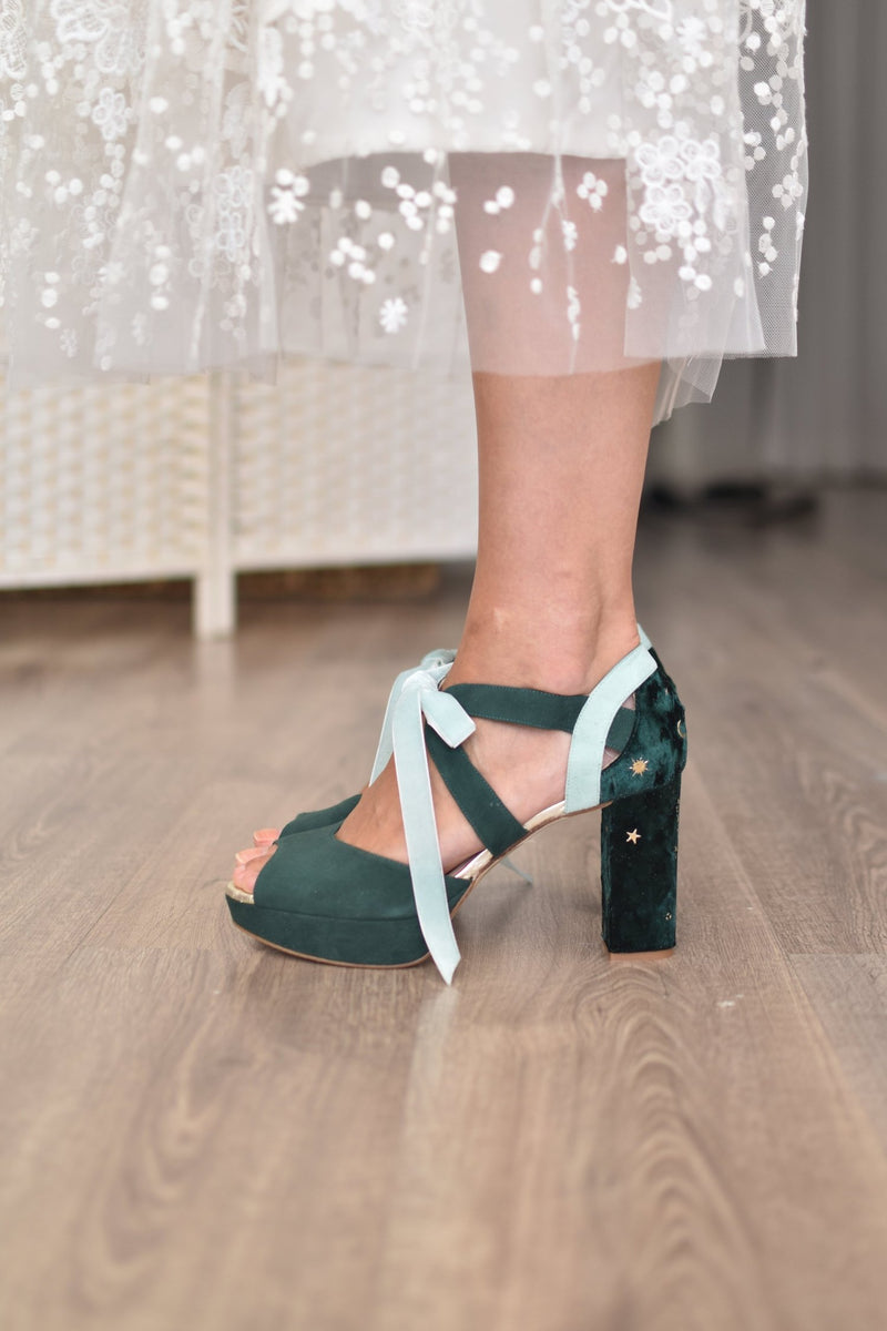 Hera open forest green and mint Constellation heel 9.5cm