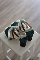 Hera open forest green and mint Constellation heel 9.5cm