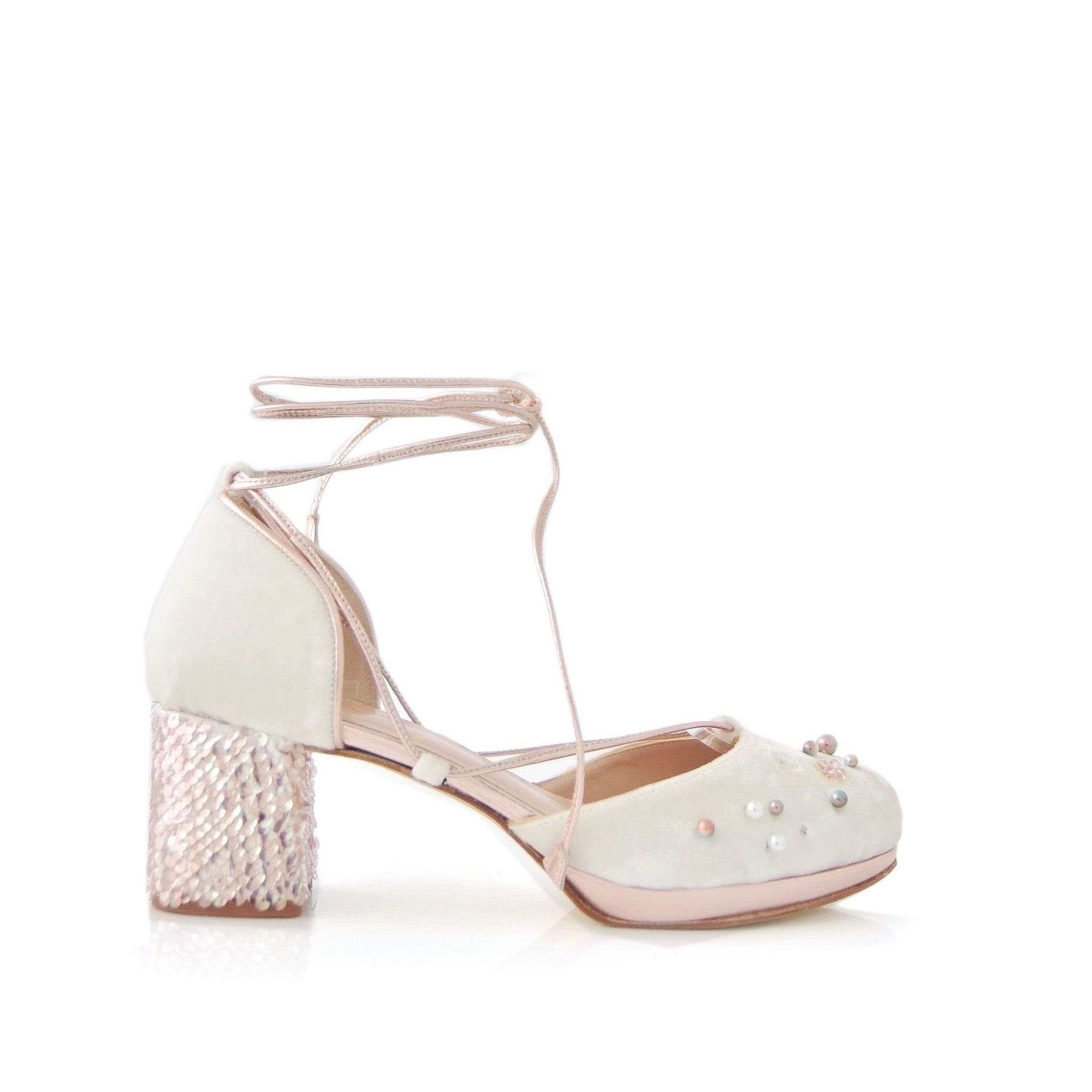 Dahud Blanco White Velvet Lentejuelas Mini — Zapatos de novia Lomas Shoes