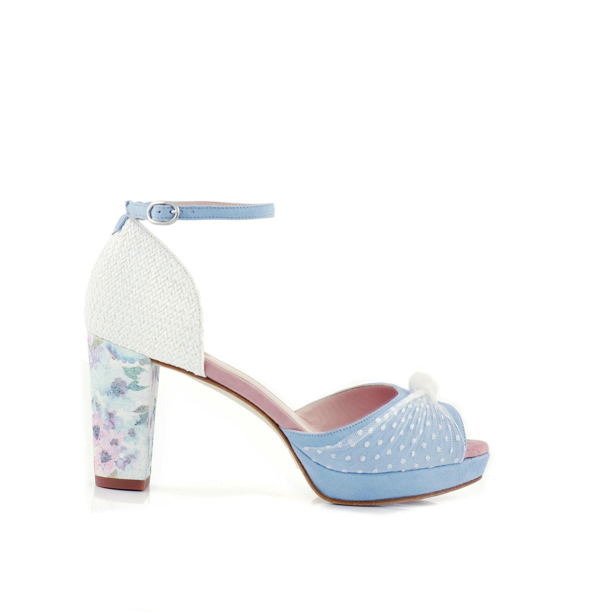 Vika Celeste Sky Plumeti Blossom Alto — Zapatos de novia Lomas Shoes